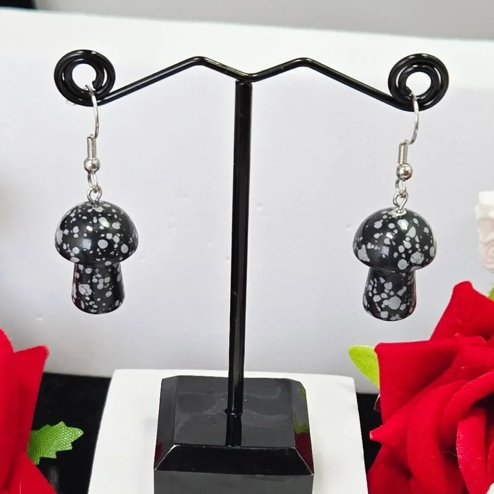 Black Howlite Mushroom Earrings Natural Stone Dangle Stainless Steel Boho Moody